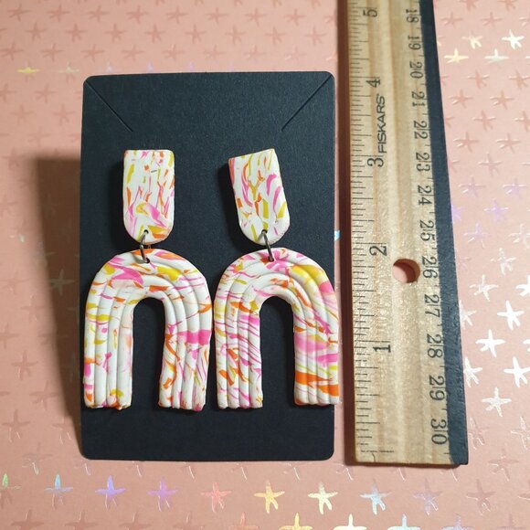 Handmade Polymer Clay U Shaped Dangle Earrings Marble Pattern Costume Women - Picture 2 of 3